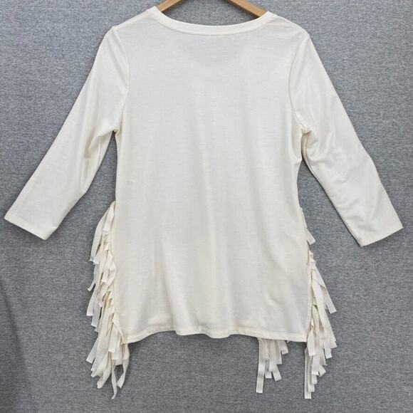 Cato Blouse Womens XS Cream Fringed Split Sides VNeck 3/4 Sleeve Stretch - Picture 3 of 10